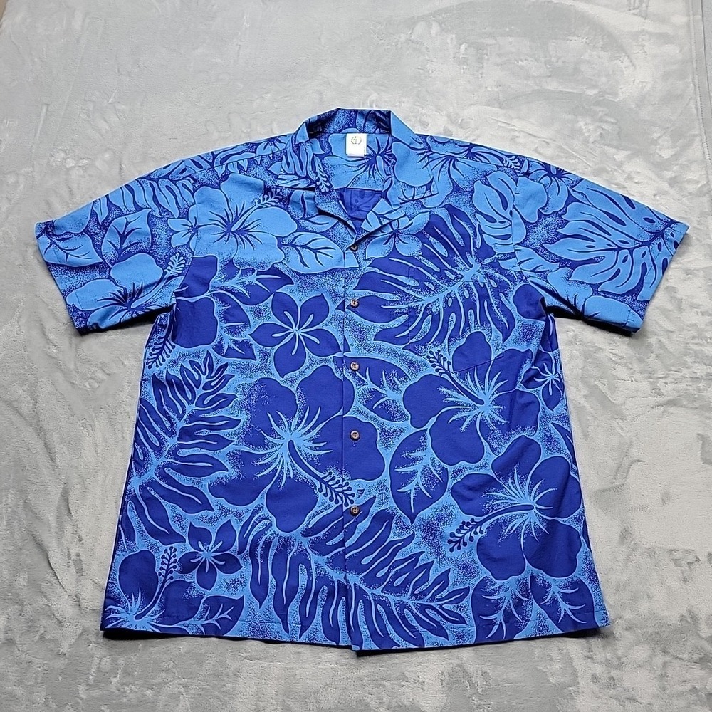 VTG Smart Design Shirt Mens L Blue Hibiscus Floral Hawaiian Made In USA